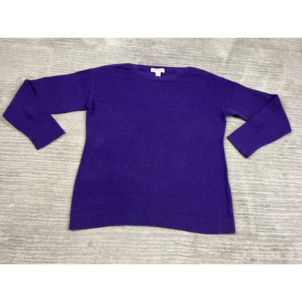 Coldwater Creek Sweater Women L Purple Boat Neck Textured Stripe Cotton Wool Mix